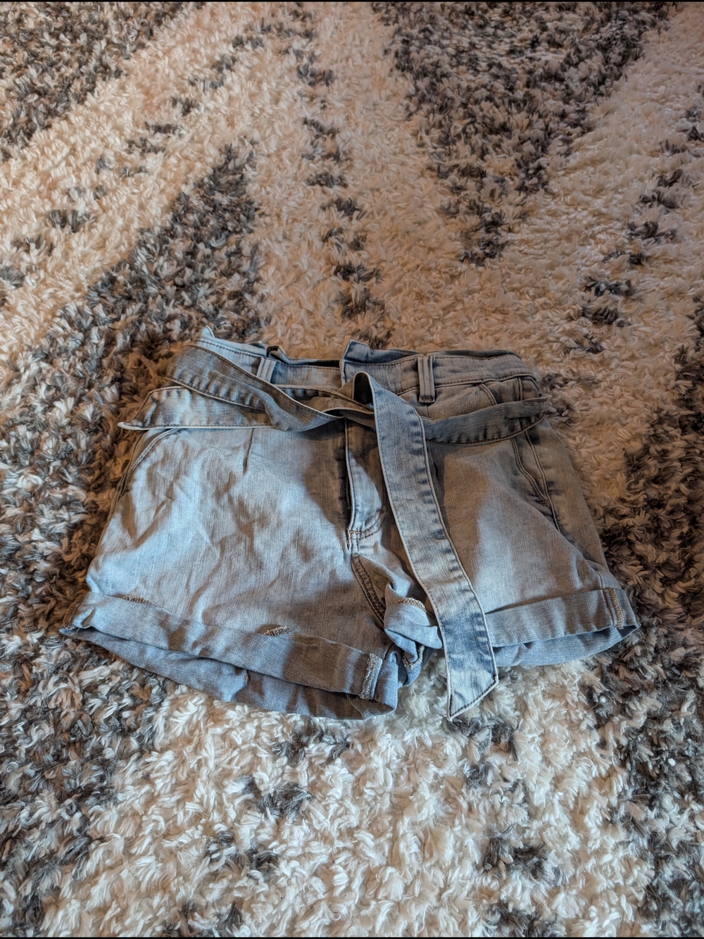 Light Blue Denim Paperbag Waist Shorts with Tie Belt